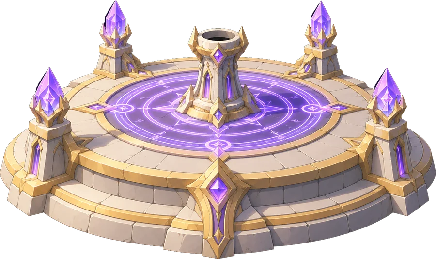 A low runic altar ringed with violet crystals.